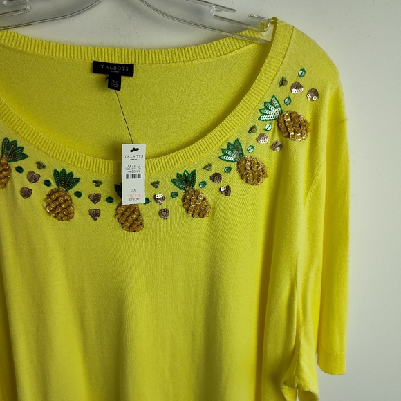 New Talbots Pineapple Embroidered shortsleeve sweater cotton yellow 3X plus size - Picture 8 of 12